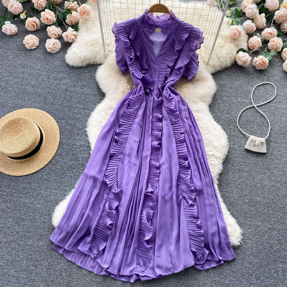 24ss Summer Chiffon Dress Sleeveless Fashion Slim Fit Elegant Ruffle Edge Waist Wrap Long Dress