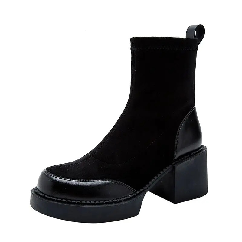 Short Shoes for Woman Black Womens Ankle Boots Sock Footwear Combat Booties Very High Heels Suede Punk Style Heeled Autumn Boot 240611