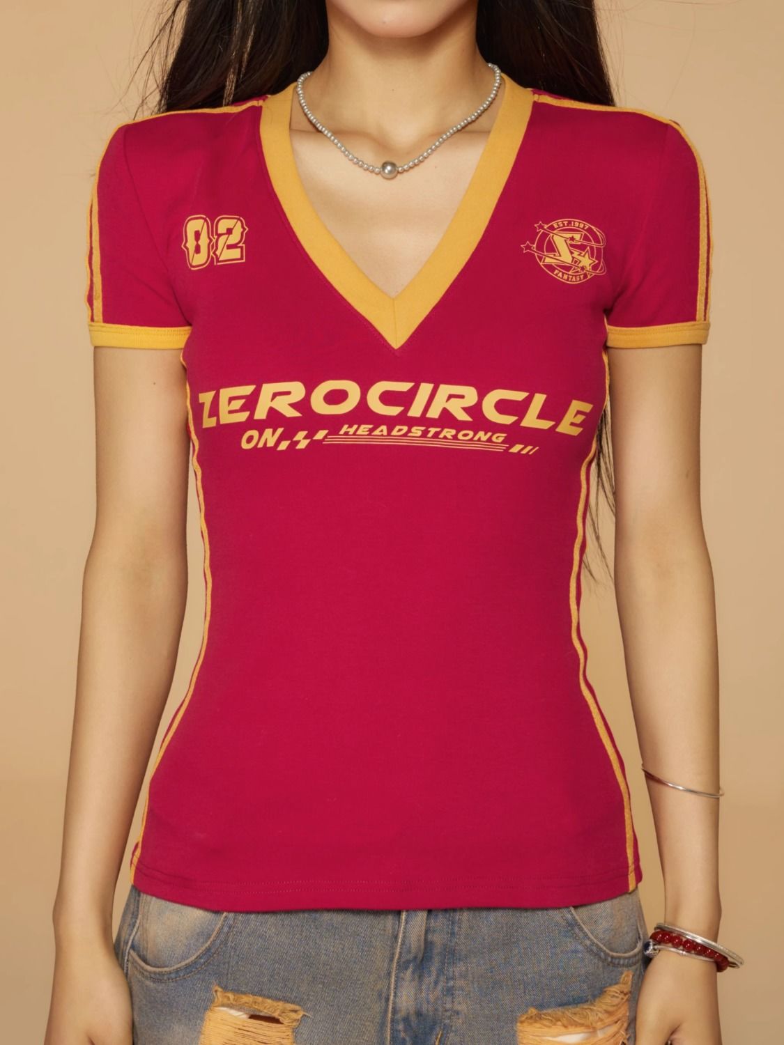 Women's T-Shirt Women v-neck number letter print slim waist short slve sports fooall baby sexy t-shirts SMLXL H25215