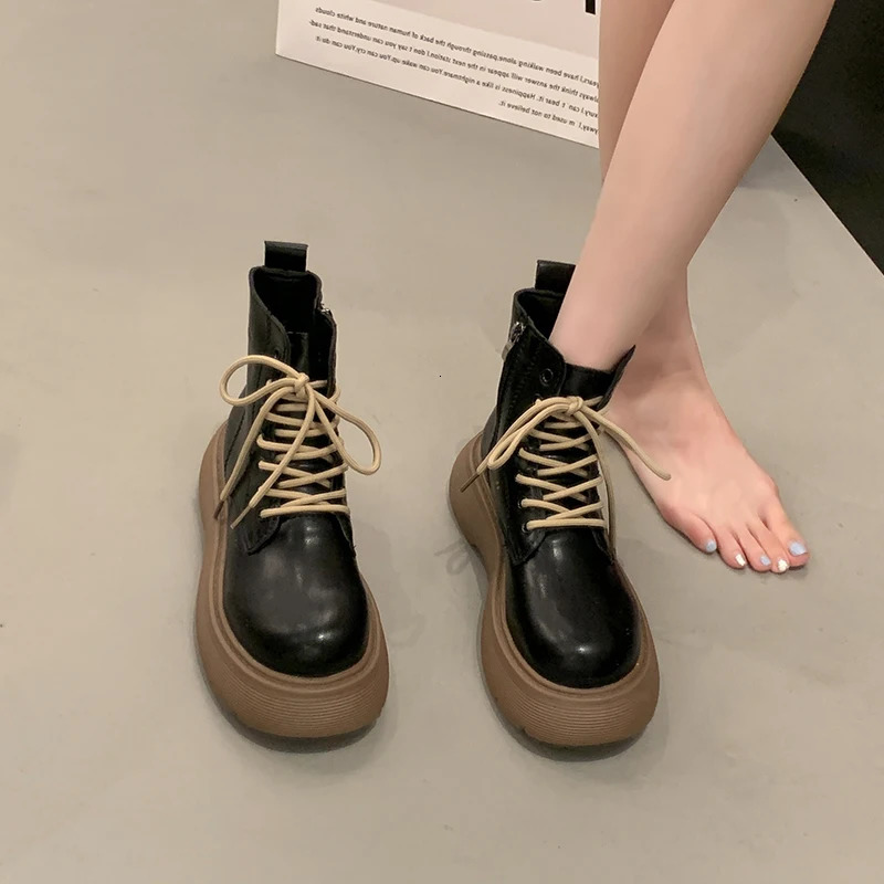 Women Autumn Flat Boots Shoes Heel Lace Up Round Toe Rock Med Rubber Summer Ladies Lolita Ankle Cross-tied PU Lace-Up S 2