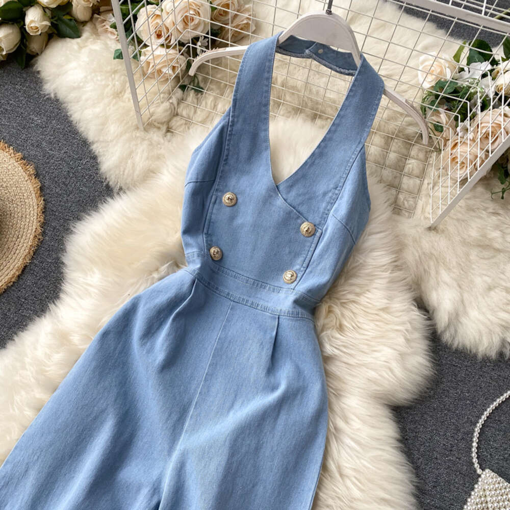 2020 Summer jumpsuit style elegant sleeveless backless high waisted slim and wide leg denim jumpsuit