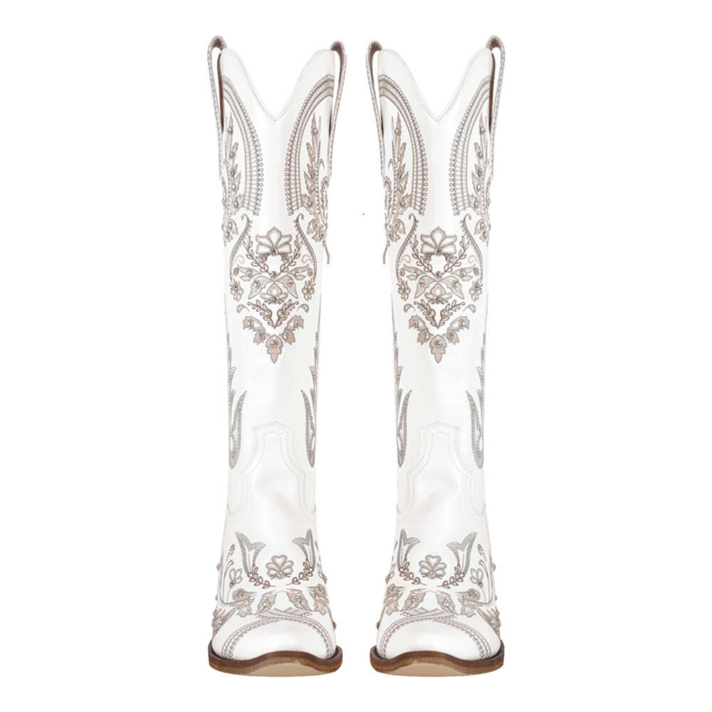 Onlymaker Women Embroidered White Western Cowboy Boots Block Heel Pull-On Pointed Toe Crystal Cowgirl Booties