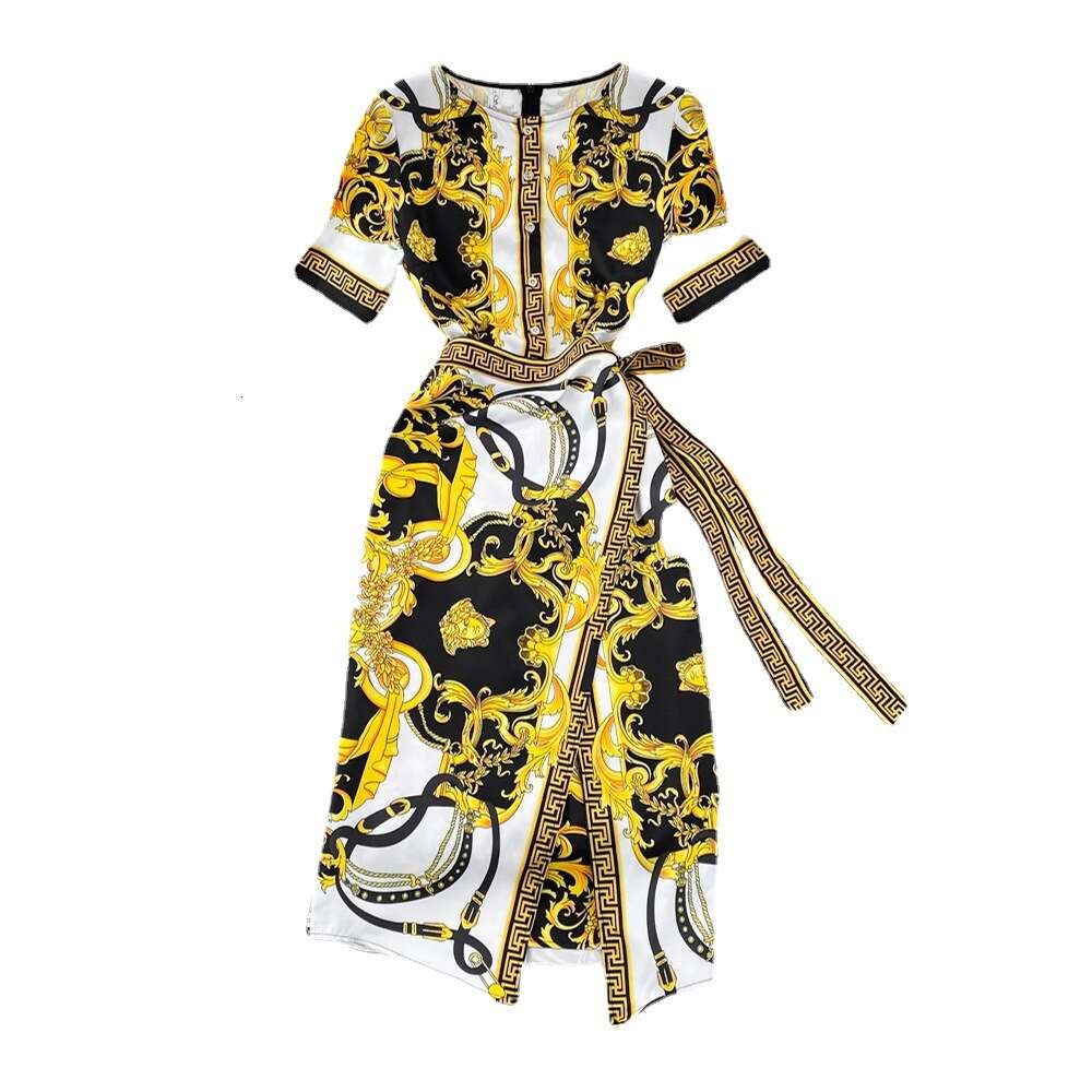 Summer high-end style round neck short sleeved printed color with waistband tie up for a slim and irregular A-line dress for women