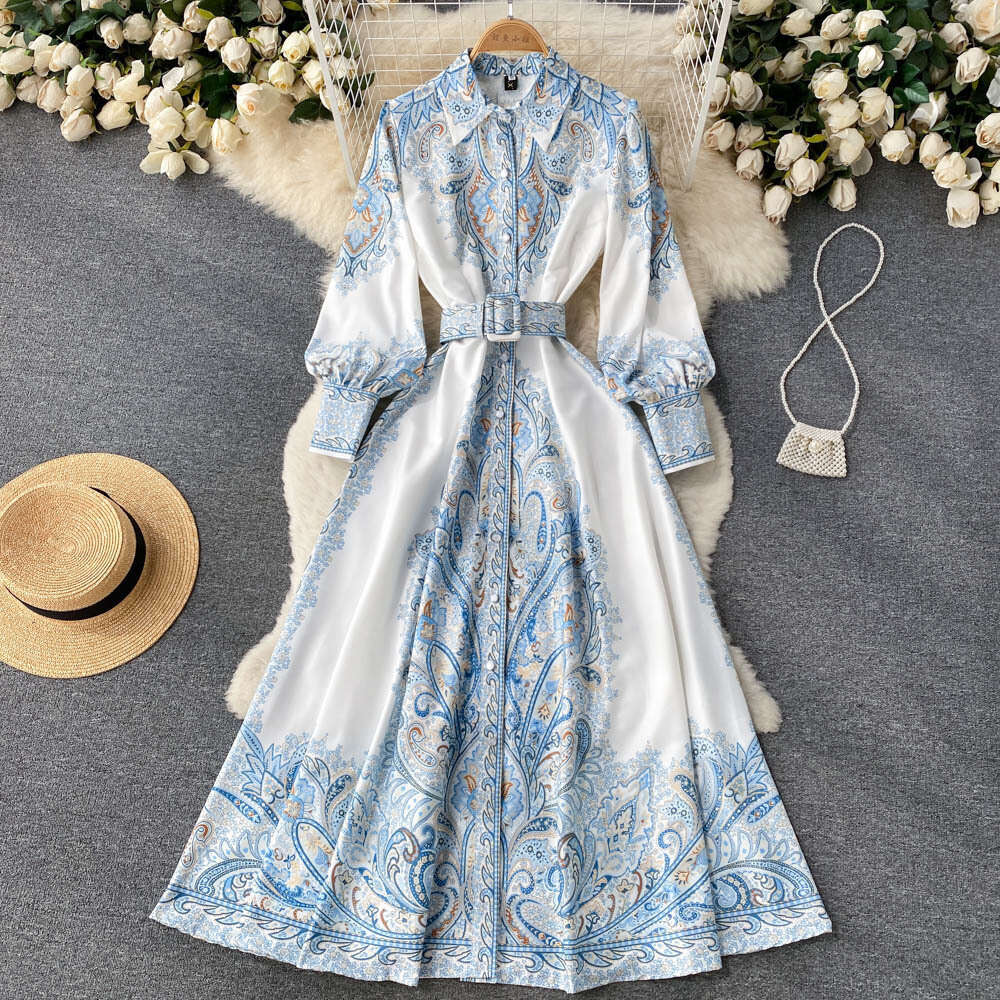Spring new court style long sleeved floral polo dress French waist strap temperament slim skirt