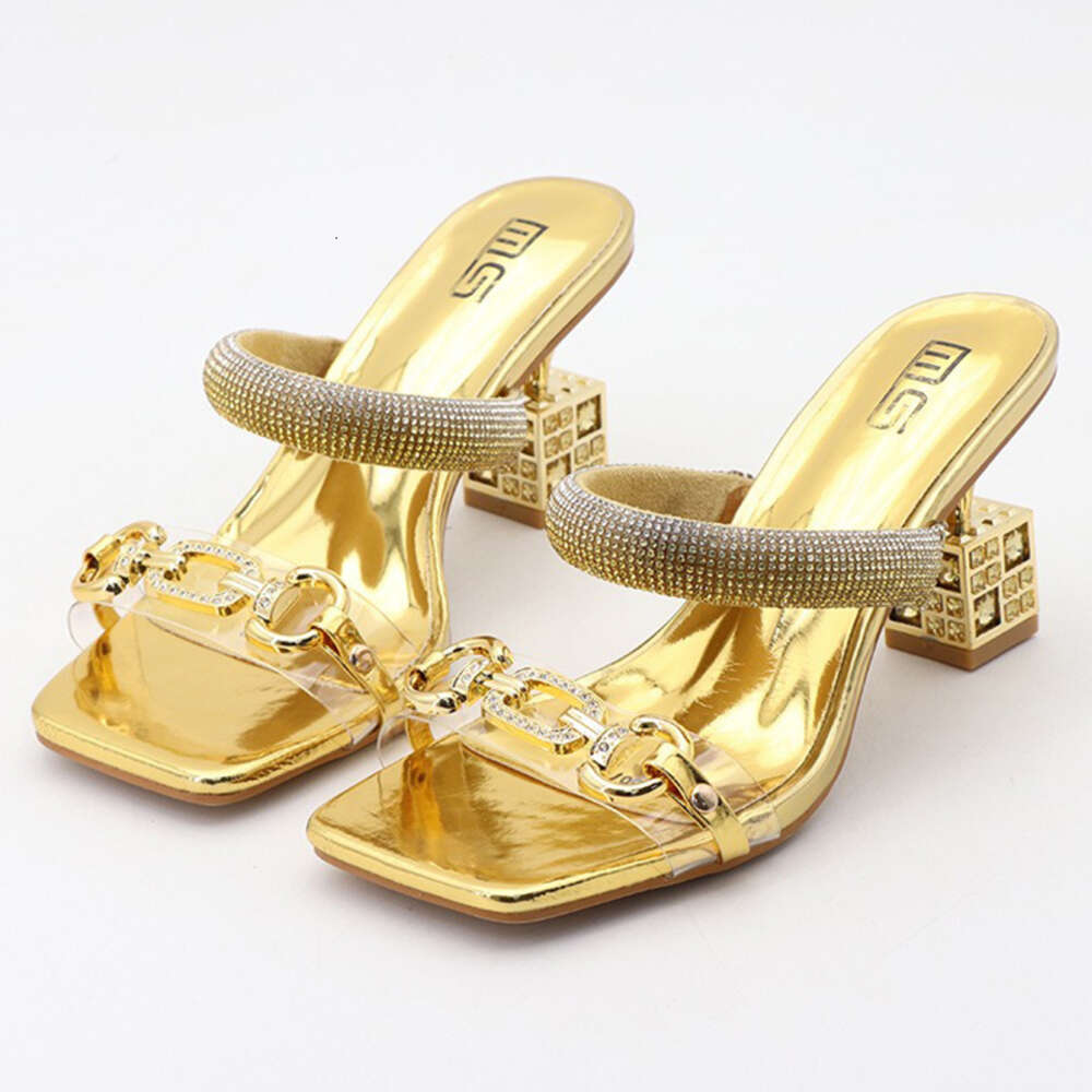 Summer Sier Gold Slides Women 8Cm High Mules Slippers Crystal Glitter Rhinestone Strange Block Square Heels Shoes