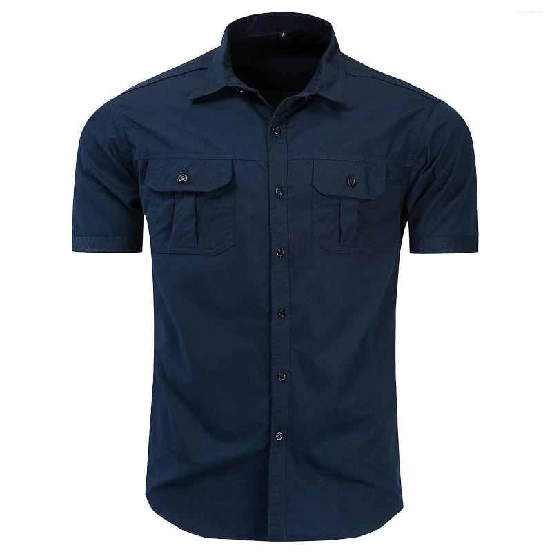Men's Casual Shirts Summer Fashion Men Short Sleeve Solid Color Safari Shirt Cargo Work Cotton Pocket Male Plain Tops