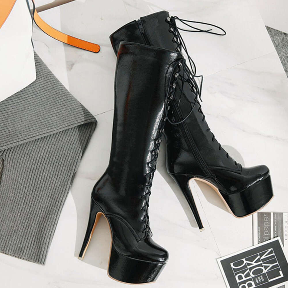 Red Knee Boots Women Platform Sexy High Heels Winter Shoe Lace-Up Black White Women's Long Boot Fetish Shoes Large Size 48
