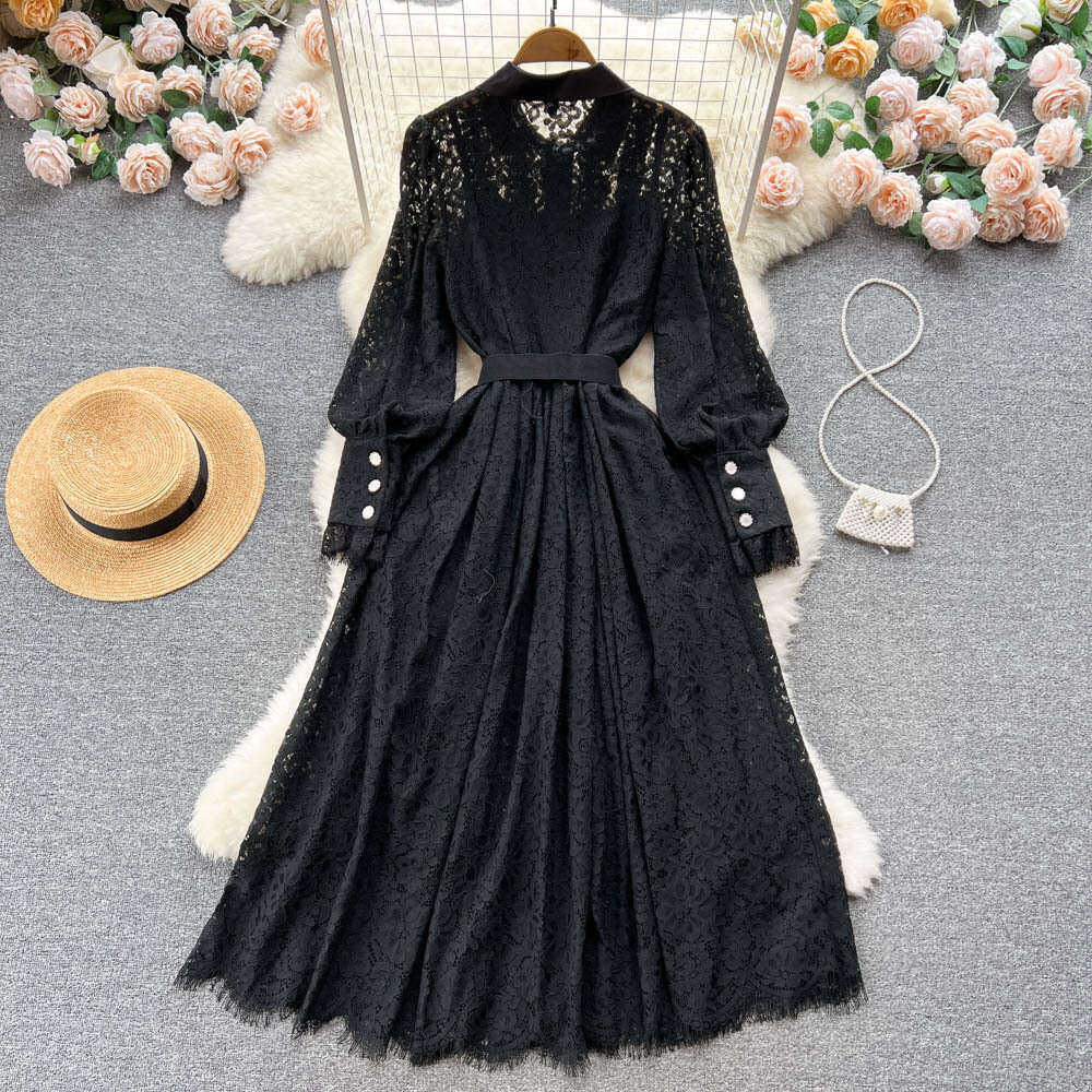 Spring and autumn new style lapel heavy work hook flower hollow-out French lace dress female fashion big swing knee length skirt