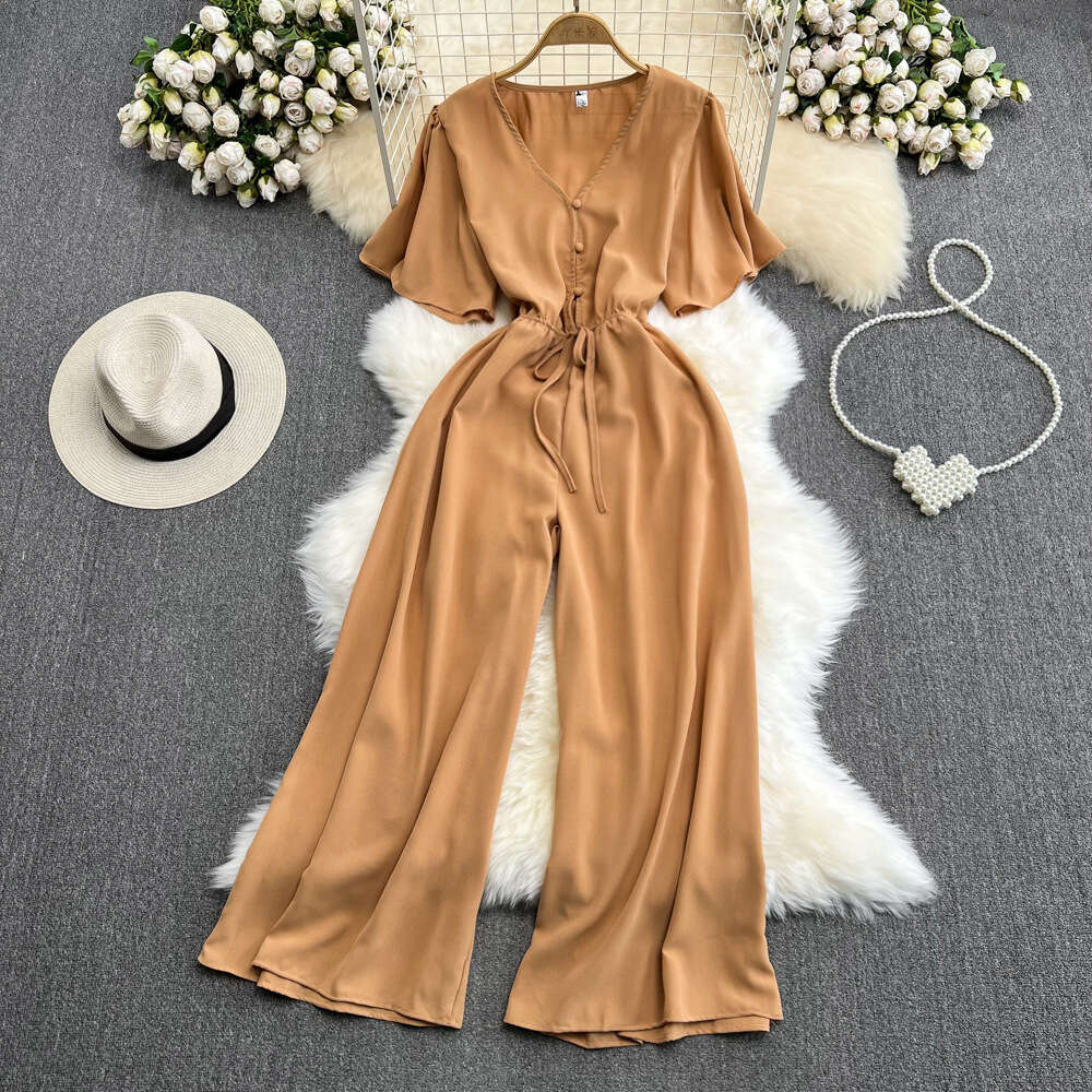 24ss Summer Korean Fashion Flare Sleeves V-Neck jumpsuit Casual High Waist Slimming Straight Leg Wide Leg Pants jumpsuit