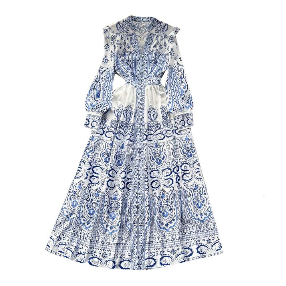 Spring New Instagram Elegant Style V-neck Single breasted Bubble Sleeves Wrapped Waist Dress Womens Big Swing Long Dress