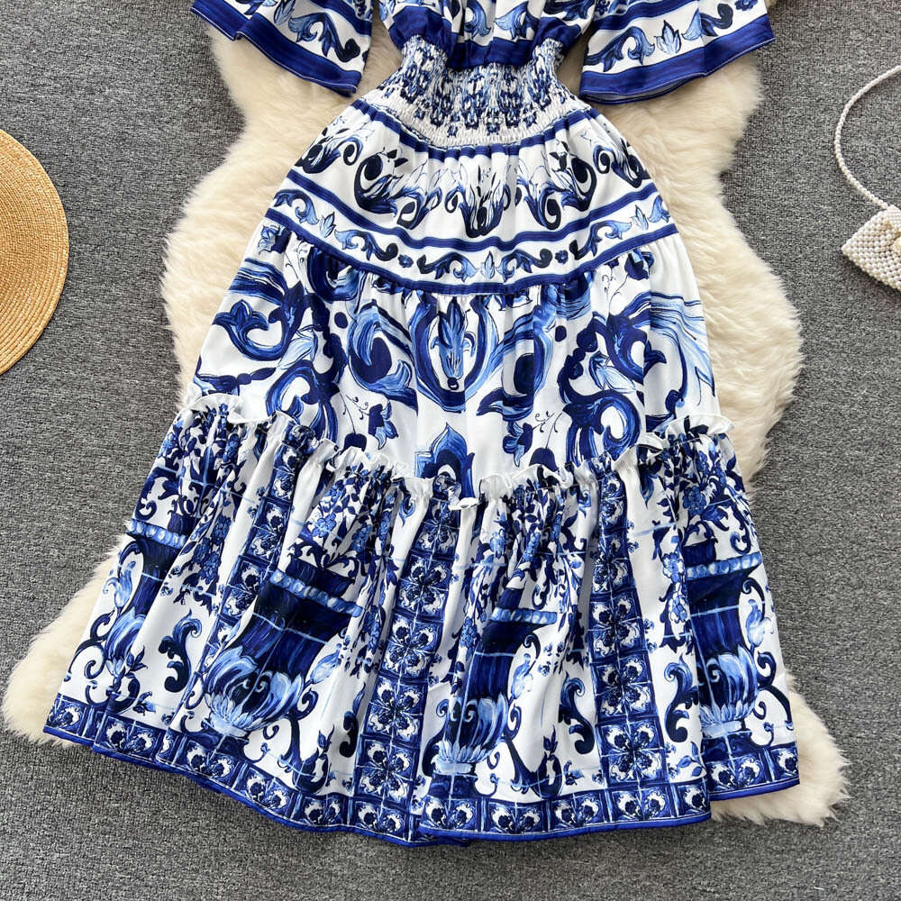 Summer New Style Off Shoulder Strap Long Dress for Women with Elastic Waist and Large Swing Printed Holiday Style Dress