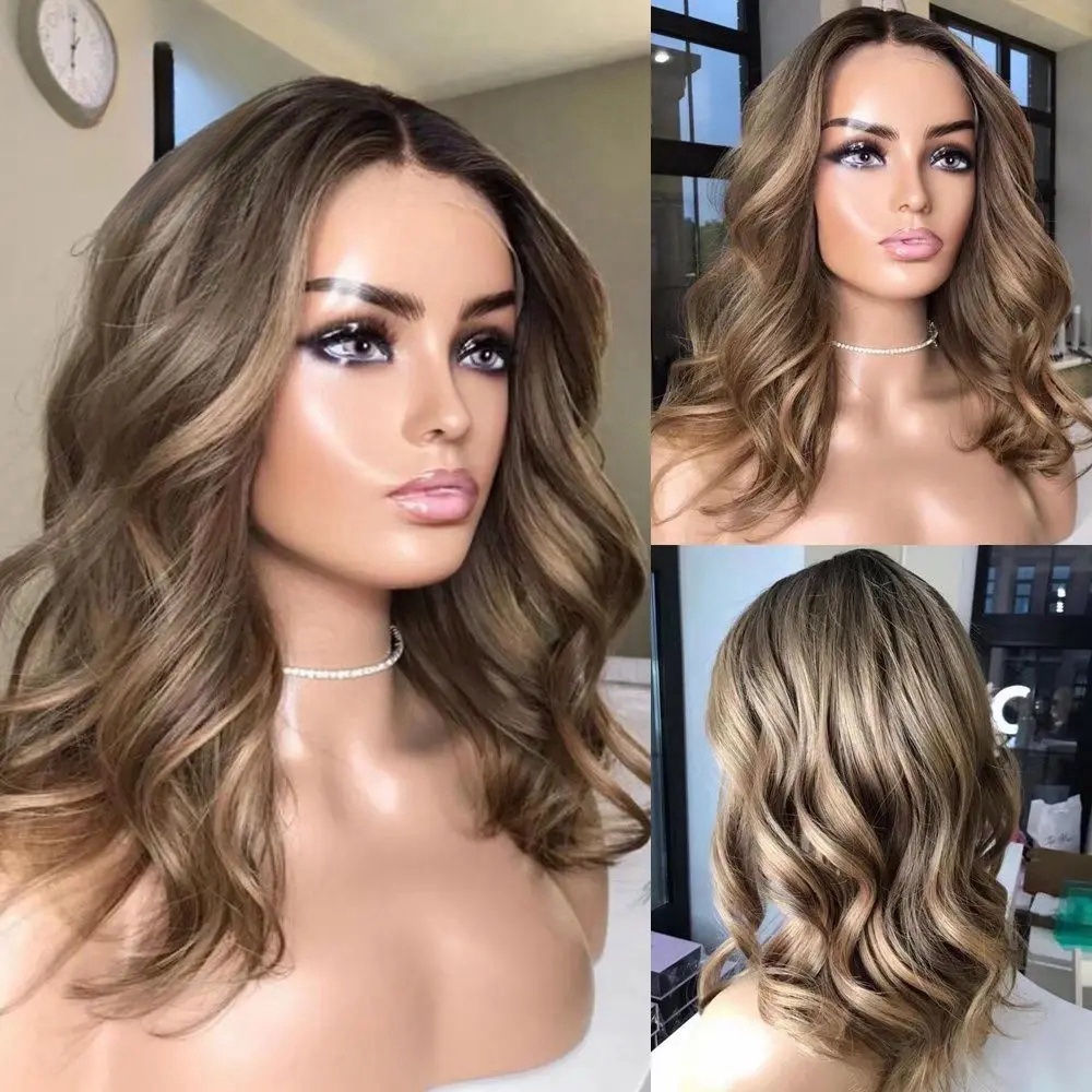 Free shipping Brazilian Highlight Brown Body Wave 13x4 Front Transparent Lace Frontal Short Bob Silation Human Hair Wigs For Women