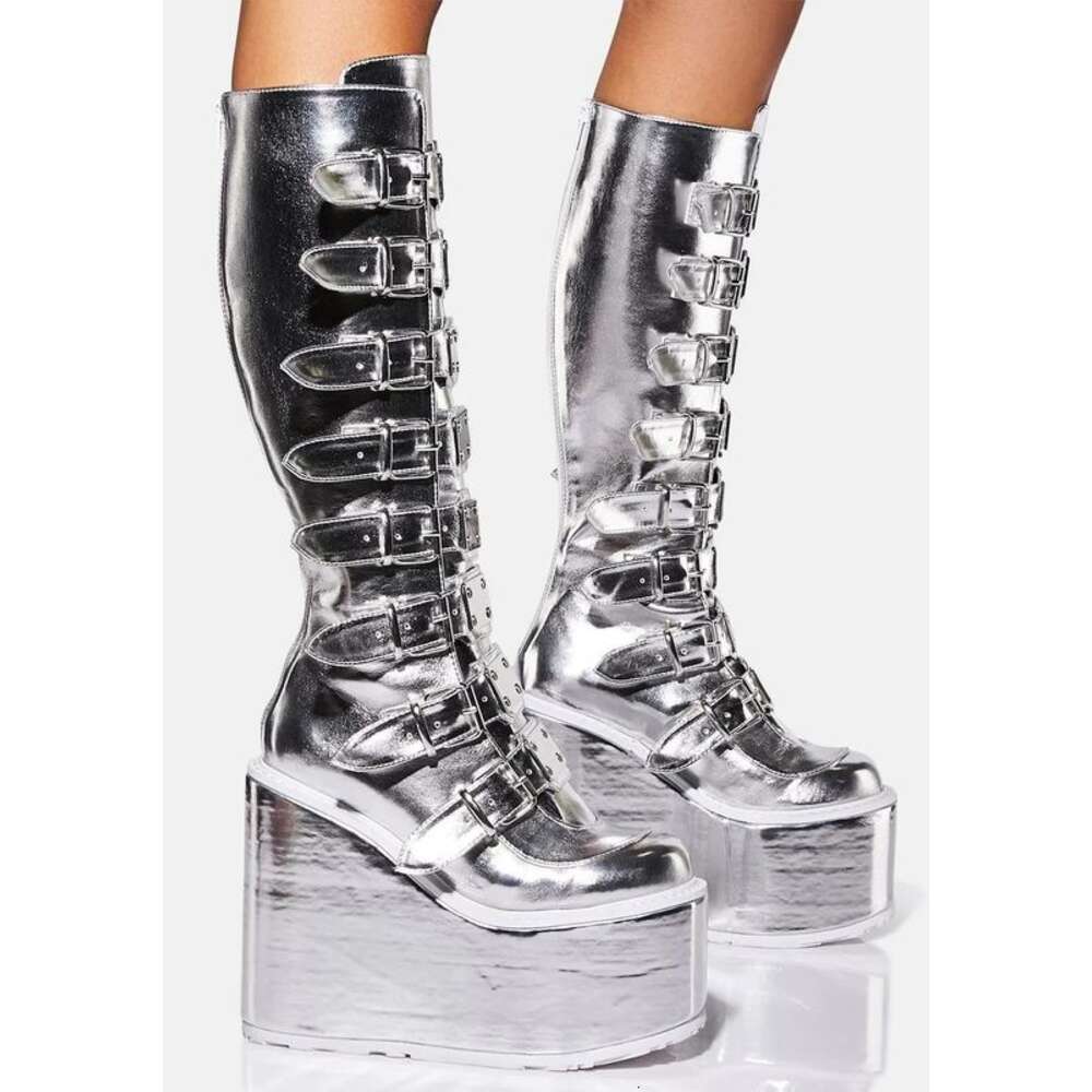 Design Sier Platform Wedges Knee Women Buckle High Heel Round Toe Cute Girl Boots Lady Shoes 2023