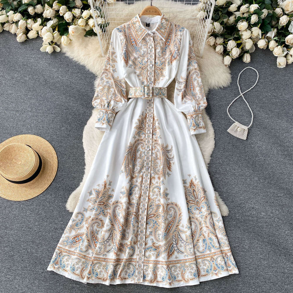 Spring new court style long sleeved floral polo dress French waist strap temperament slim skirt