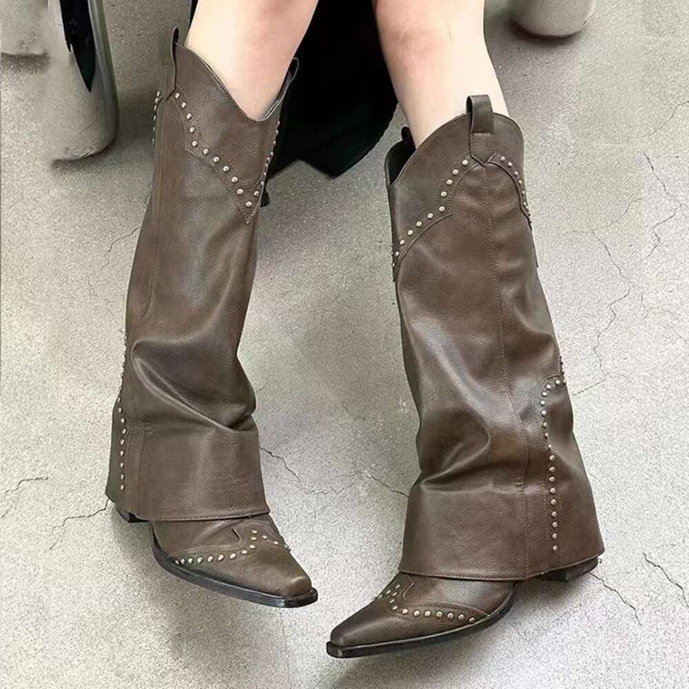Retro Red-Brown Pointed Toe Rivet Western Trouser Woman Winter 2024 Black Slip-On Thick Heel Trendy Boots For Women