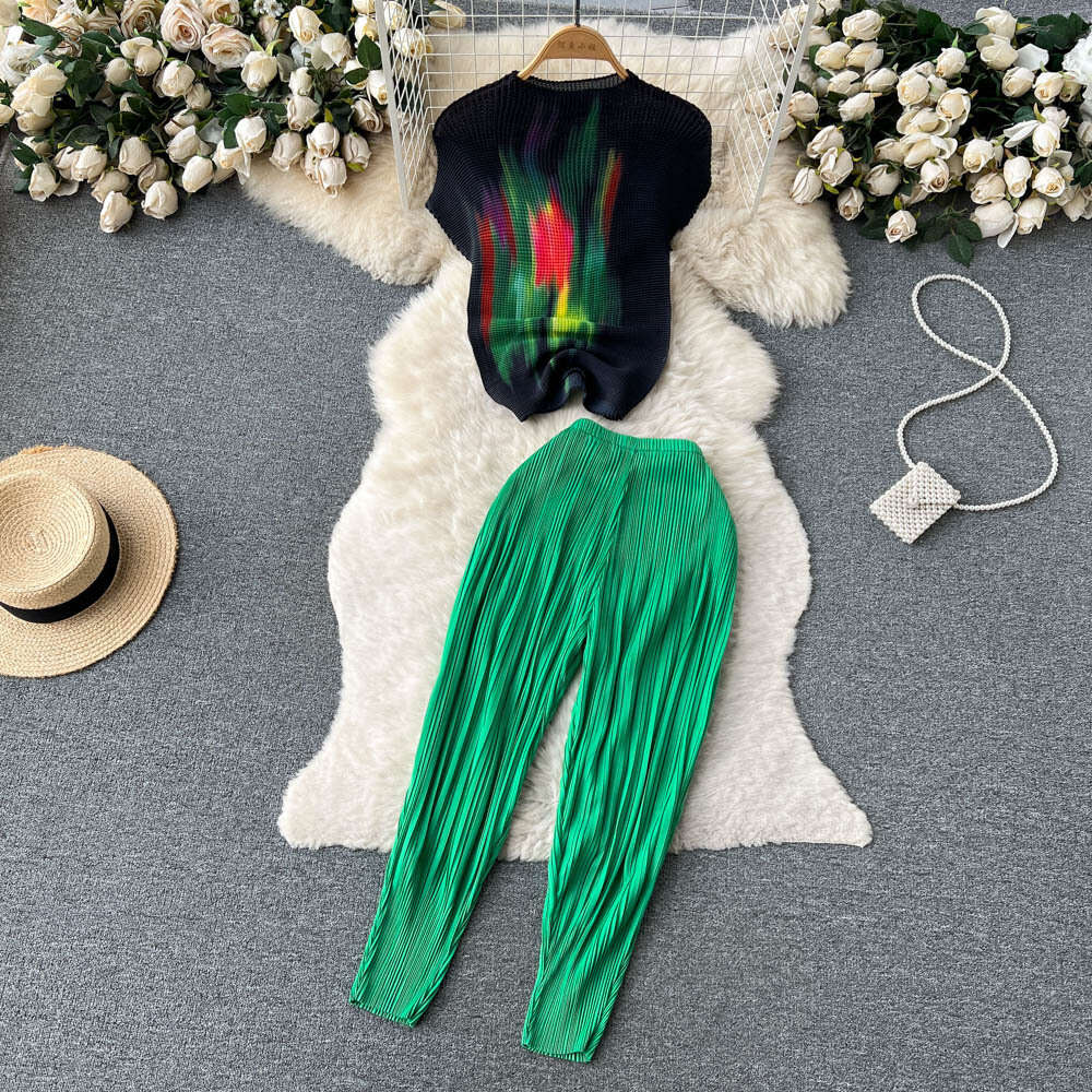 Instagram Fashion Set Womens Summer Printed Short sleeved Top+Elastic Waist Casual Radish Pants Two piece Set Fashion
