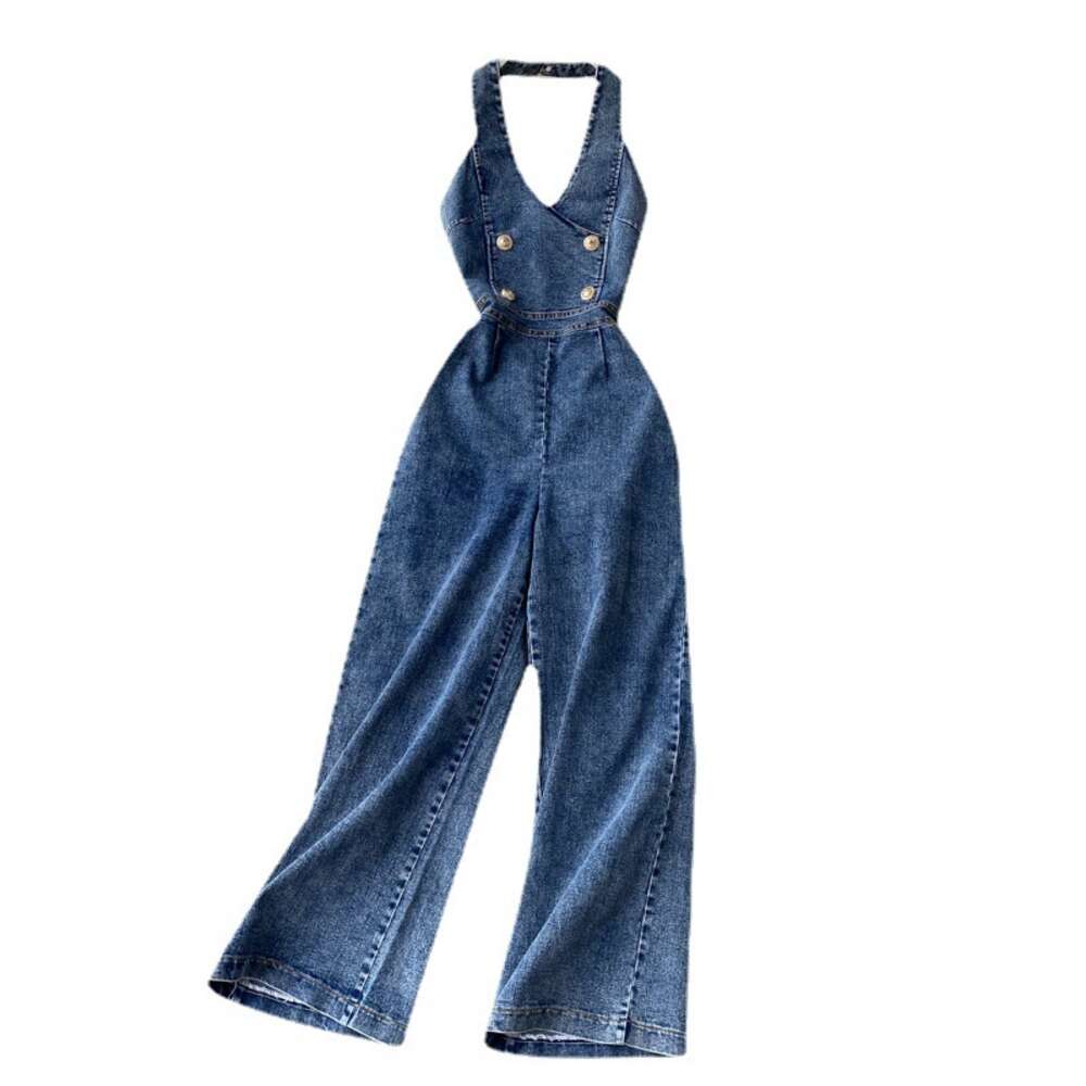 2020 Summer jumpsuit style elegant sleeveless backless high waisted slim and wide leg denim jumpsuit