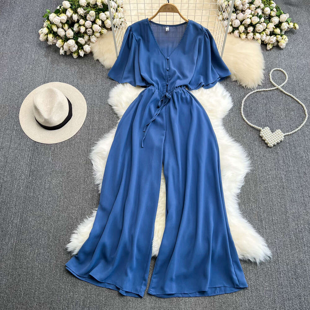24ss Summer Korean Fashion Flare Sleeves V-Neck jumpsuit Casual High Waist Slimming Straight Leg Wide Leg Pants jumpsuit