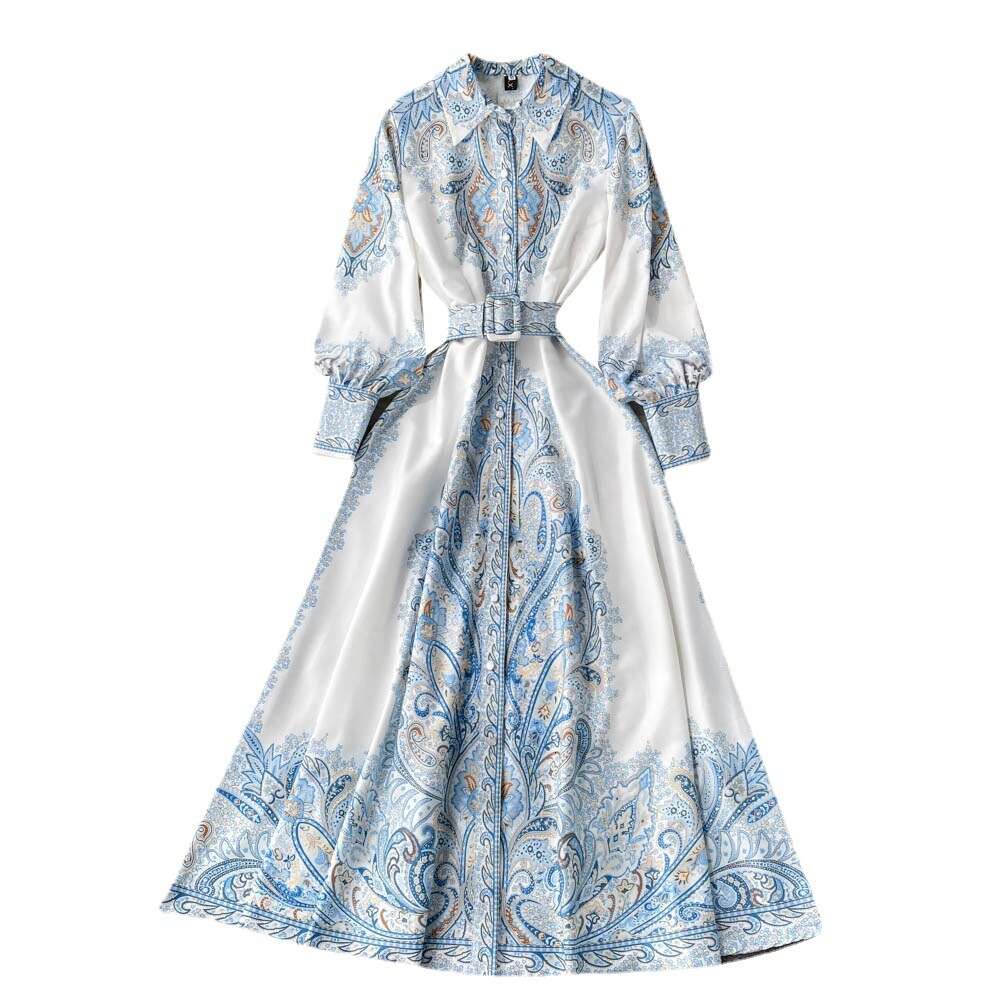 Spring new court style long sleeved floral polo dress French waist strap temperament slim skirt