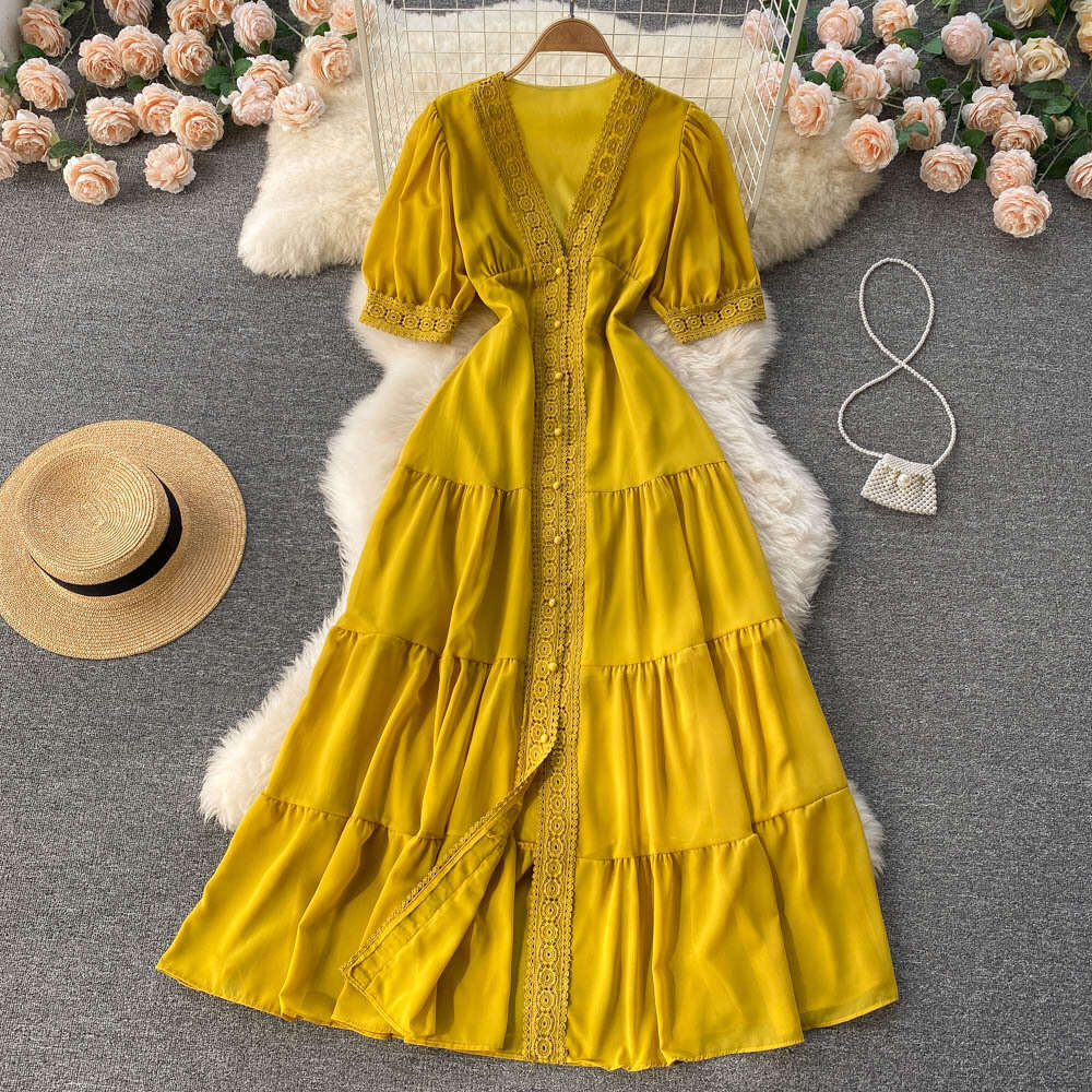 French Court Style Lace V-neck high-grade dress with closed waist short sleeves single breasted long skirt
