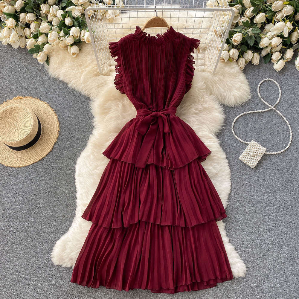 French dress womens heavy industry crimp wood ear edge collar lace up waist thin Ruffle chiffon cake skirt