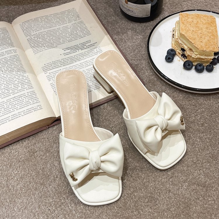 Large New Open Summer 2024 Toe One Piece Women's Outer Wear Square Head Bow Tie Middle Heel Cool Drag 01 Lhshoe