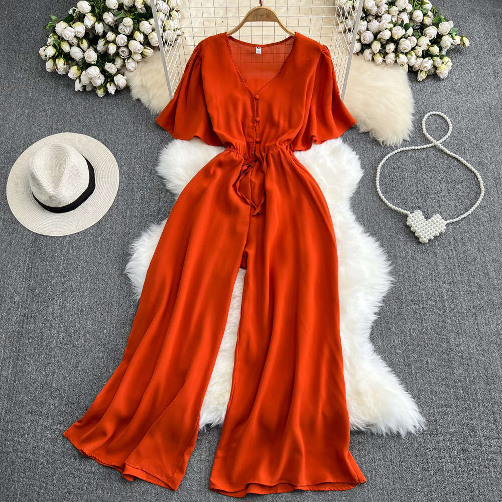 24ss Summer Korean Fashion Flare Sleeves V-Neck jumpsuit Casual High Waist Slimming Straight Leg Wide Leg Pants jumpsuit