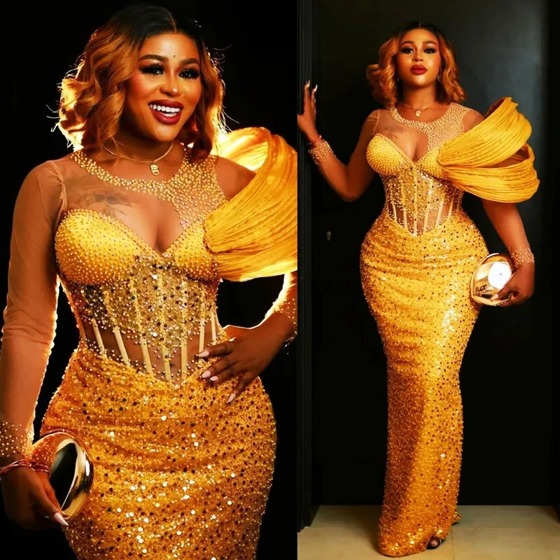 Aso Ebi 2024 Gold Prom Dresses for Special Occasions Sheer Neck Illusion Long Sleeves Beaded Sequined Lace Pearls Birthday Dress Second Reception Gown