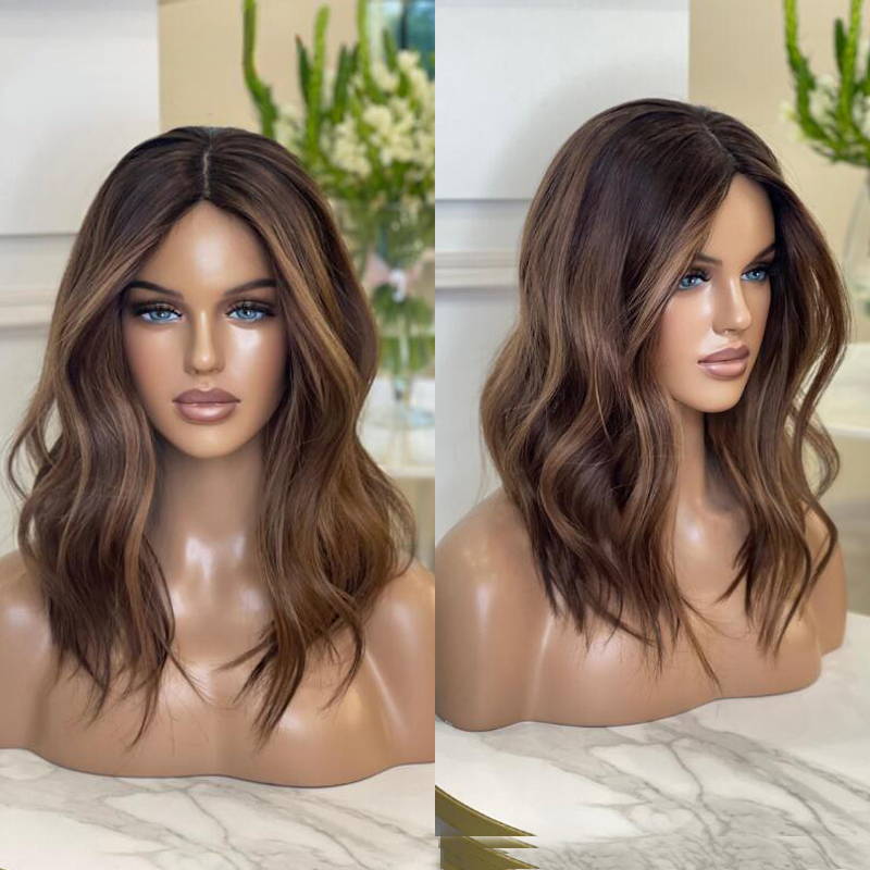 Highlight Human Body Wave Short Bob Wig Brown Honey Blonde Color Brazilian Hair Pre Plucked Lace Frontal Wigs For Women