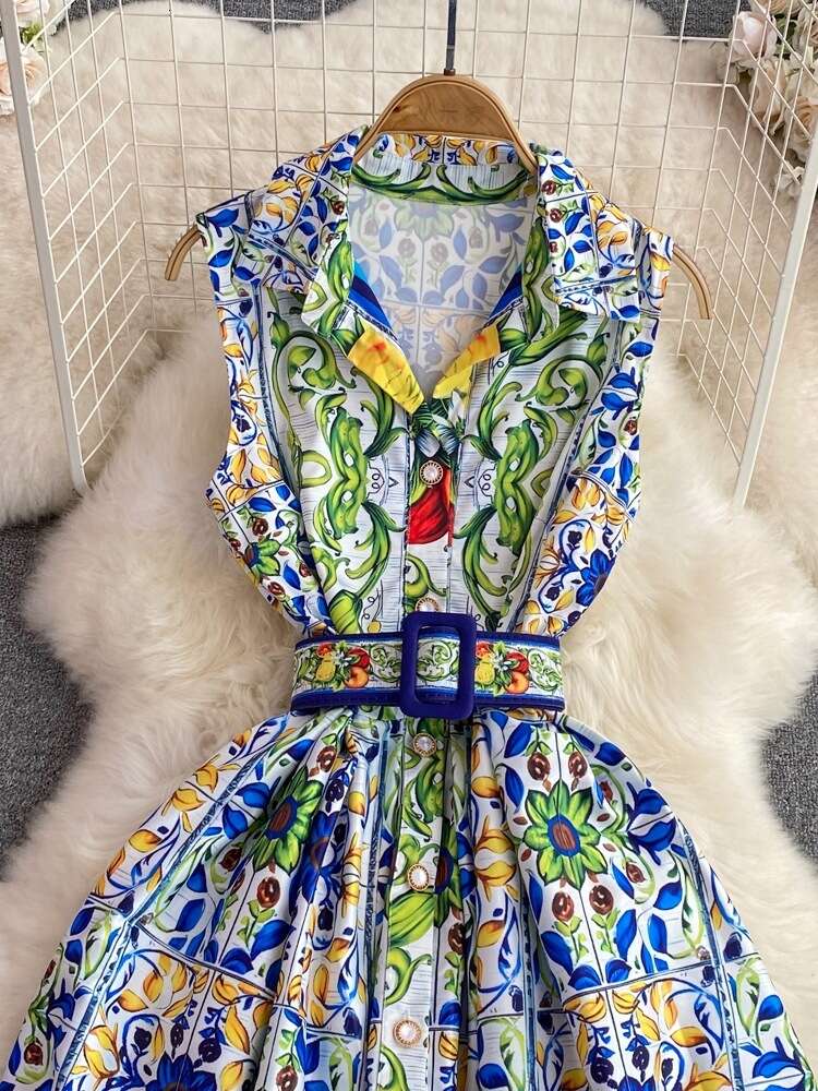 24ss Summer Elegance Sleeveless V-neck Waist Slimming Mid length Single breasted A-line Printed Dress