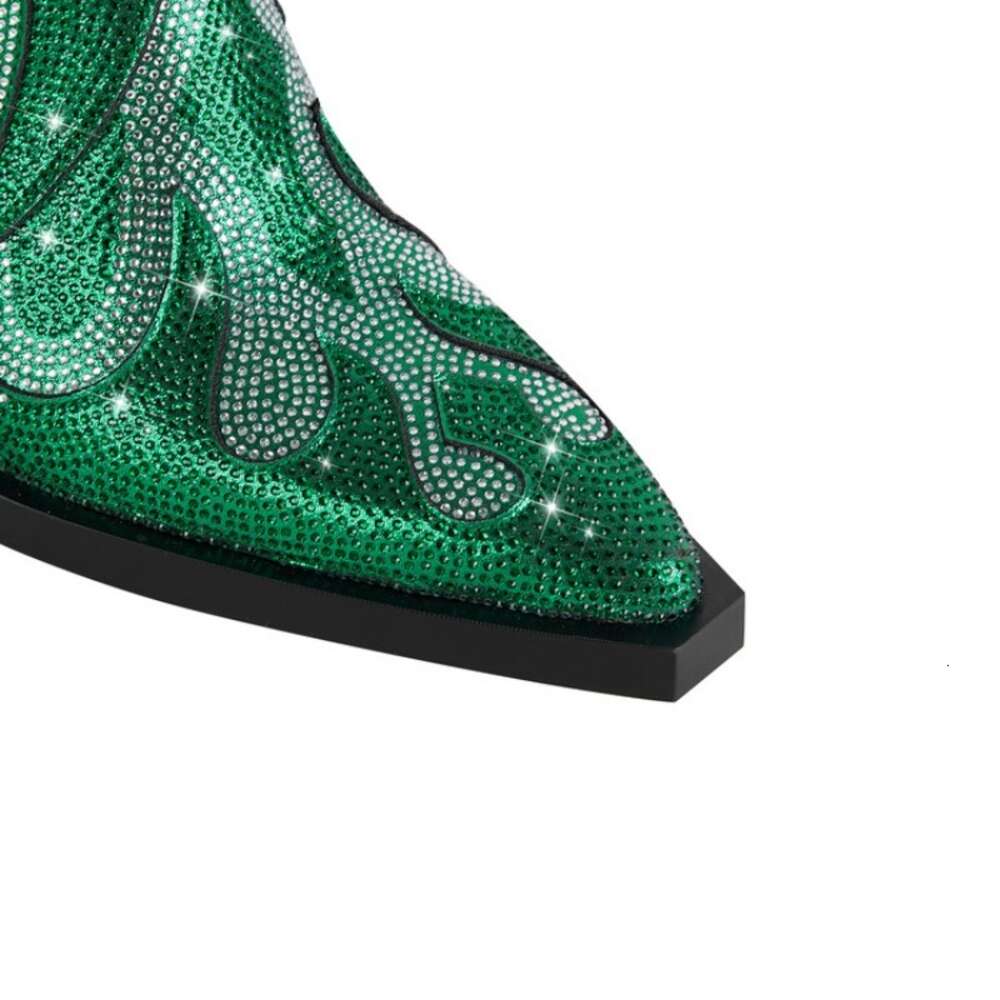 2023 European And American Fashion Rhinestone Flame Design Small Square Head Thick High Heel Short Women's Large Boots