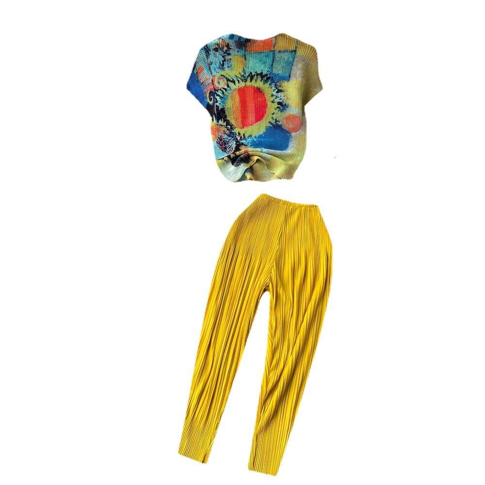 Instagram Fashion Set Womens Summer Printed Short sleeved Top+Elastic Waist Casual Radish Pants Two piece Set Fashion