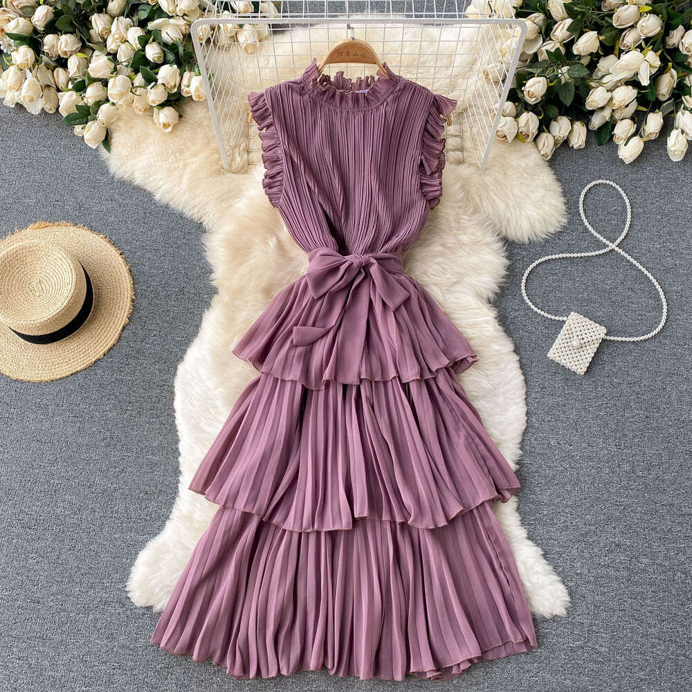 French dress womens heavy industry crimp wood ear edge collar lace up waist thin Ruffle chiffon cake skirt