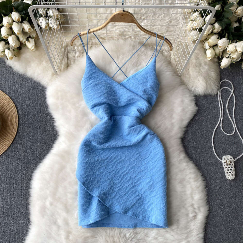 Summer French Temperament Fashion Open-Back V-Neck Suspender Dress Women Slim Irregular Light Cooked Split Buttock Skirt