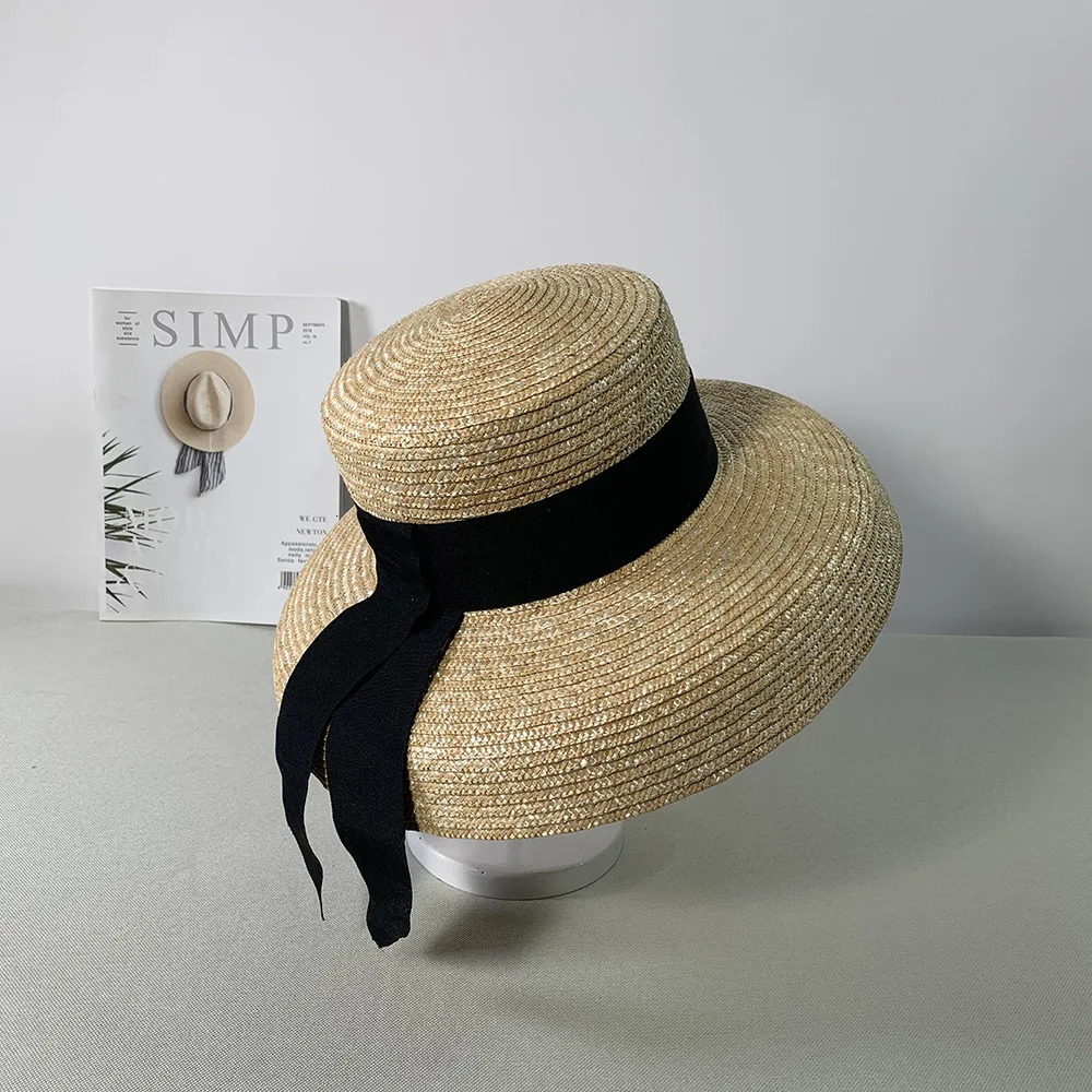 Womens summer big soft top hat straw hat with black and white ribbon lace tie m wide brim sun hat UV protection beach hat cap 240601