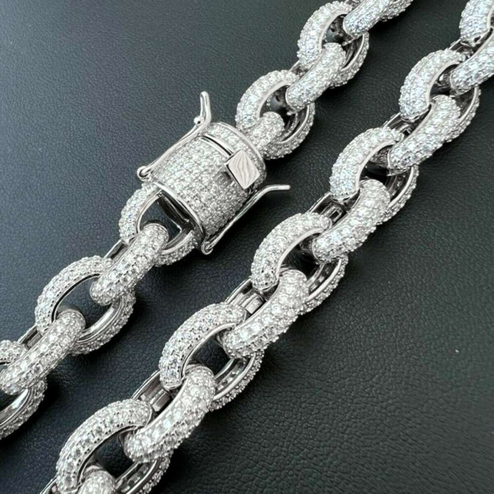 Custom Rapper Chain 925 Silver 12mm Thickness Rolo Link Chain Iced Out Moissanite Hip Hop Chain