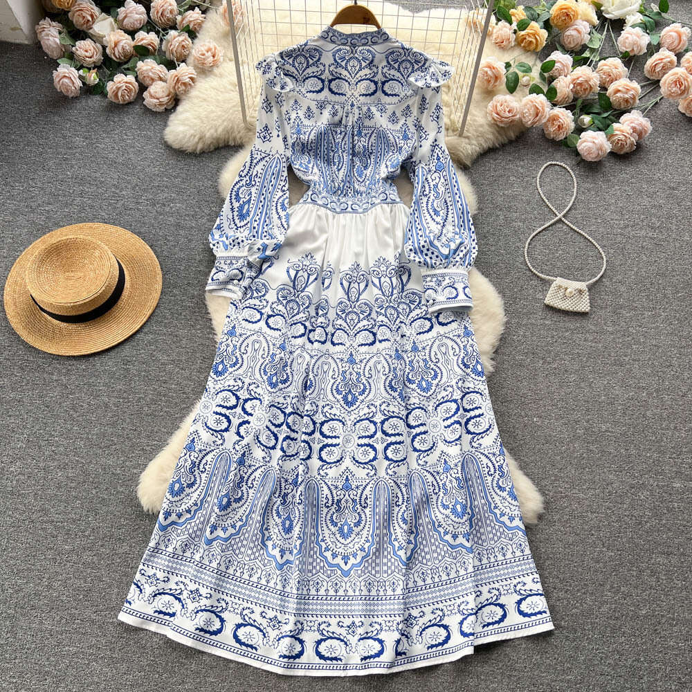 Spring New Instagram Elegant Style V-neck Single breasted Bubble Sleeves Wrapped Waist Dress Womens Big Swing Long Dress