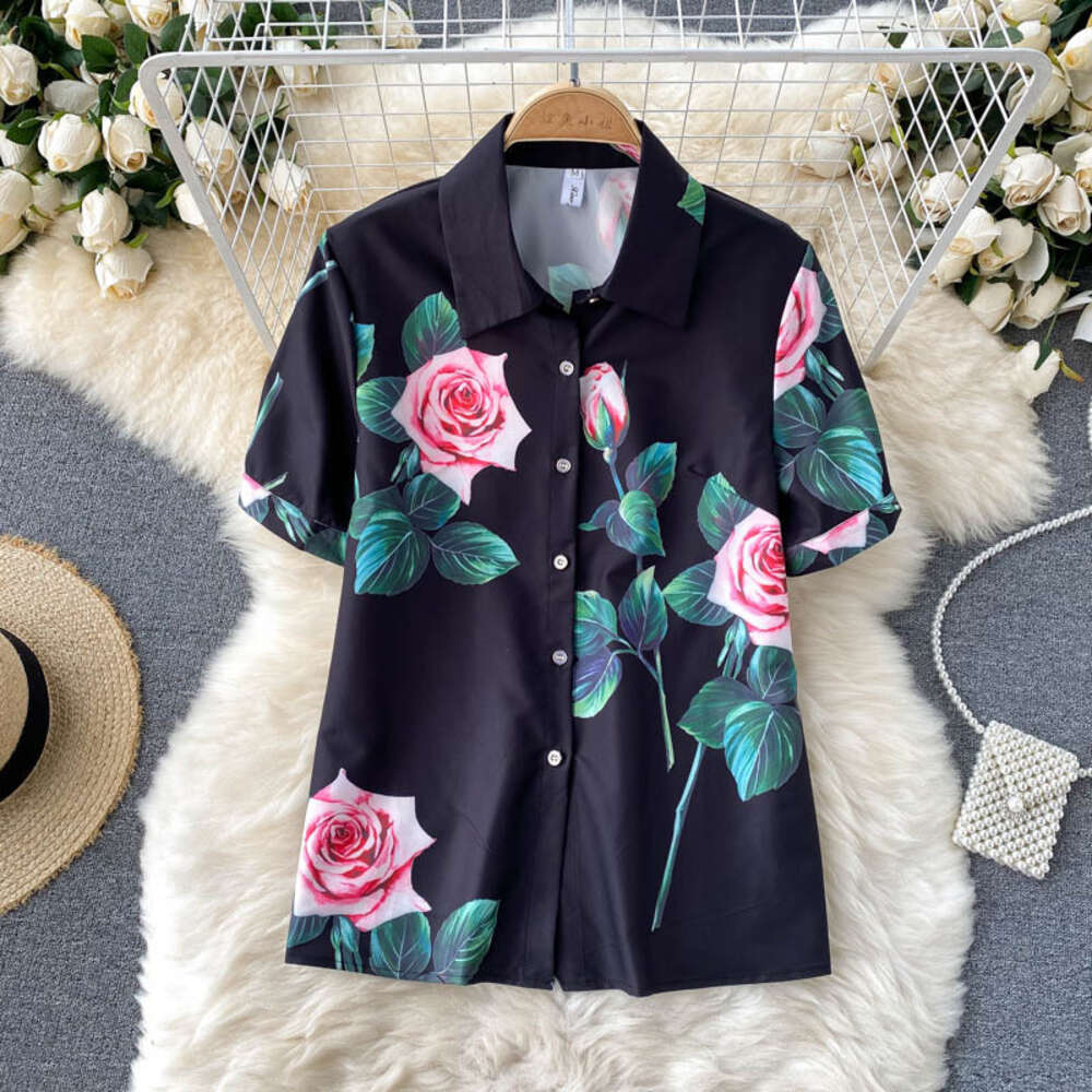 High end professional suit womens Shirt Short Sleeve elegant printing temperament versatile High Waist Wide Leg Pants fashionable two piece set