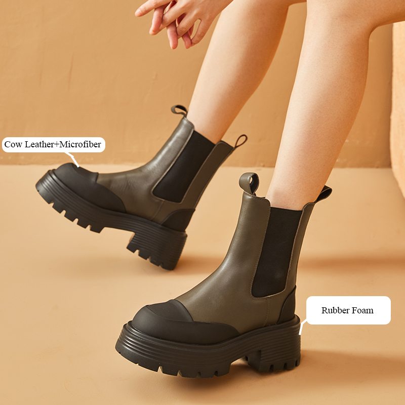 Ankle BeauToday Boots Platform Women Cow Leather Elastic Band Round Toe Slip-On Autumn Thick Sole Ladies Shoes Handmade 03A24 2c94