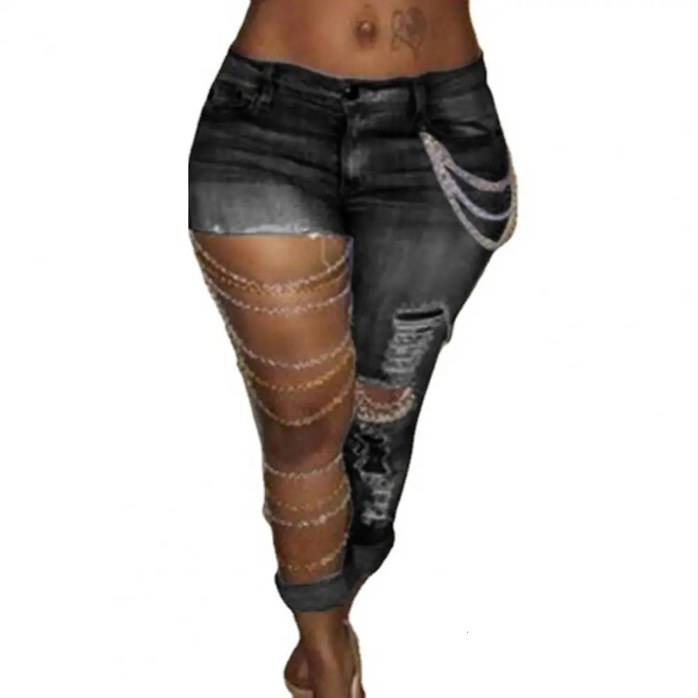 Fashion High Wait Stacked Pants Trousers Women Jeans Mid Rise Exaggerated Ripped Holes Skinny Pencil Pants Trousers Daily Wear 240601