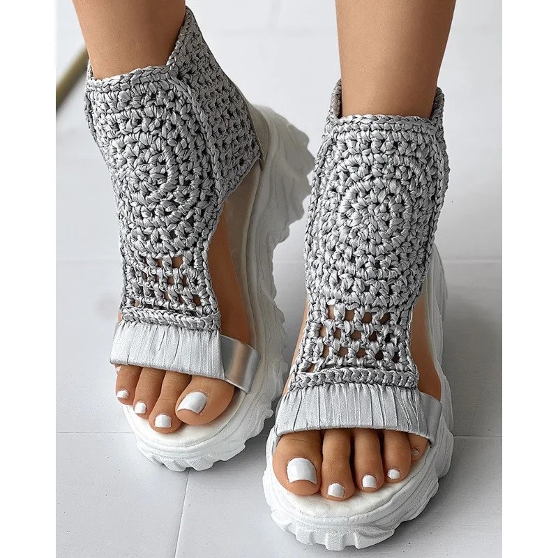 Sandals Women Braided Geometric Wedge Knitted Elastic Summer Shoes Mesh Flat Hollow Female Platform 240611