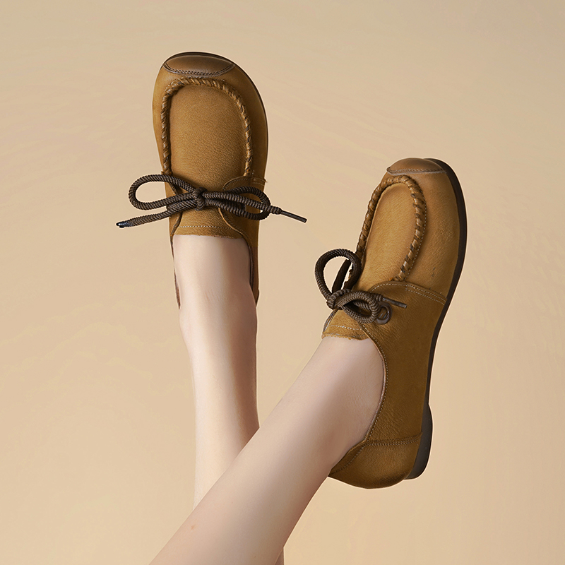 Women's AIYUQI Loafers Spring 2024 New Genuine Leather Casual Lace-Up Retro Flat Shoes Women db52