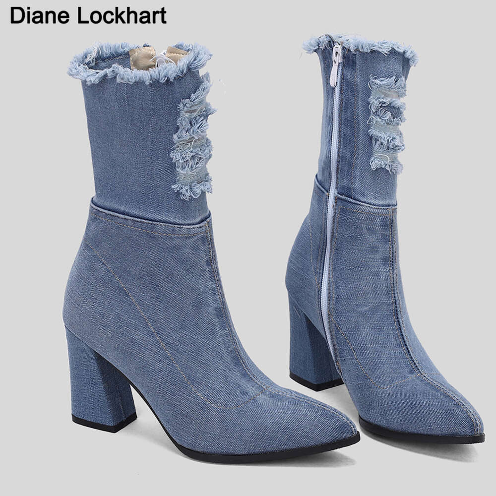 2023 Fashion Denim Western Women Ankle Sexy High Heel Pointed Cowboy Zipper Autumn Winter Stretch Boots Woman Shoes