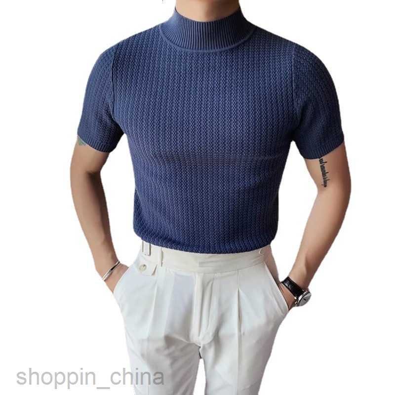 Men's T Shirts New Spring and Autumn Knitted Short sleeved Half High Neck T-shirt Men Slim Fit Inner Layup Top Man Sweater Bottom tees tops