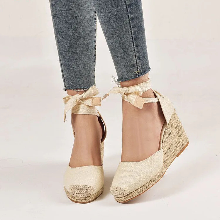 Women Espadrille Ankle Strap Sandals Slippers Ladies Womens Casual Wedge Shoes Breath Flax Hemp Canvas Pumps Platform Sandals 240611