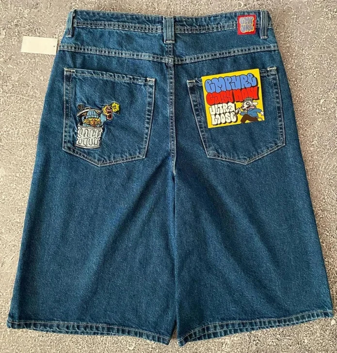 American Retro Men Embroidered Denim Shorts Y2k Personalized Hip Hop High Waist Straight Couple Loose Pants sweatpants 240601