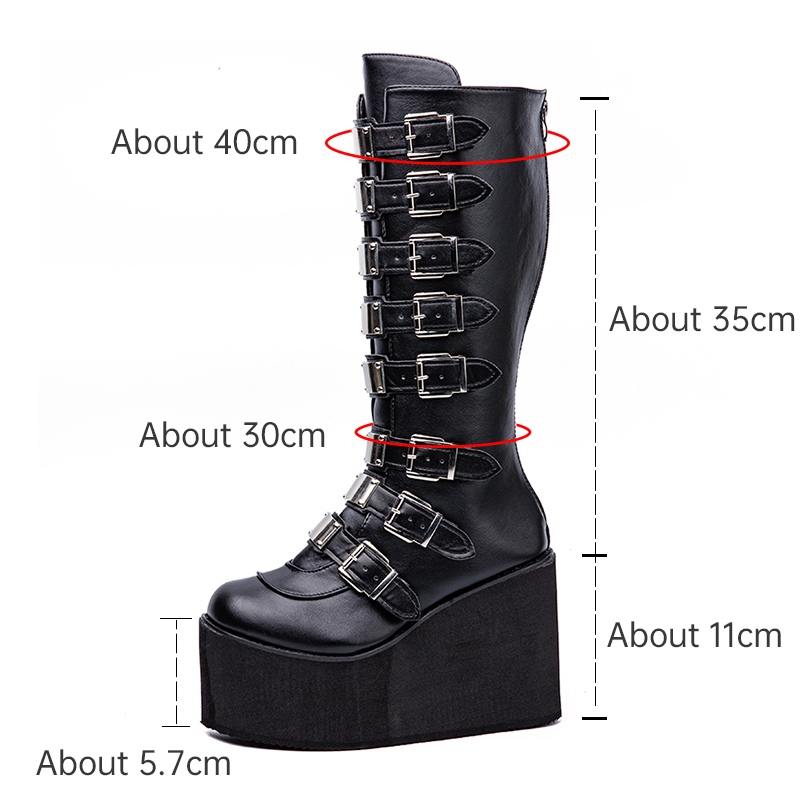 Black Women's Long Thigh Fall Metal Buckle Punk Gothic 11cm Platform Boot Woman Wedges High Boots Botas Mujer e719 s