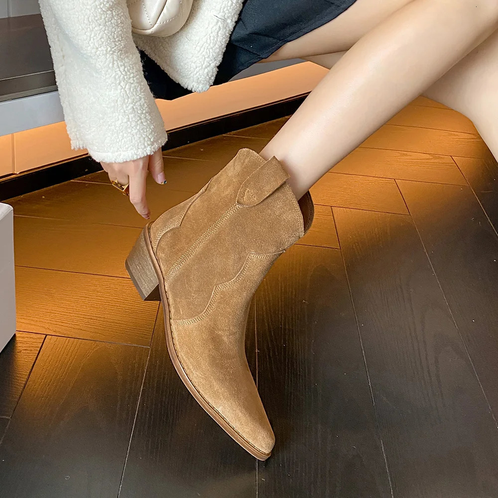 Winter Classic Chelsea Boots for Woman Cow Suede Pointy toe Wedge Heel Ankle Boots Simple Comfortable Cowboy Boots Female 240611