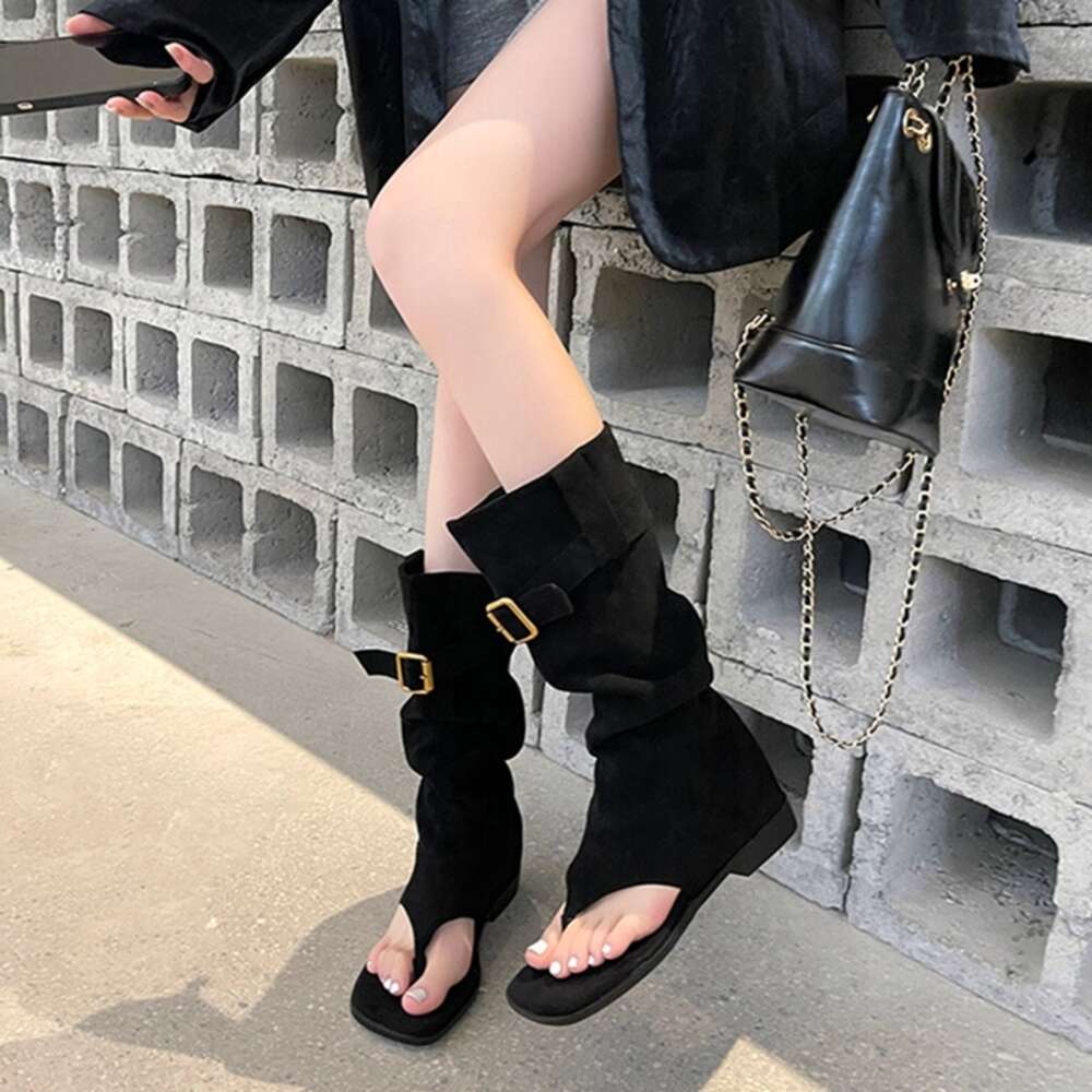 Summer Open Toe Chunky Sandals Knee-High Flock For Women Low Heel Boots Belt Buckle Plus Size Shoes
