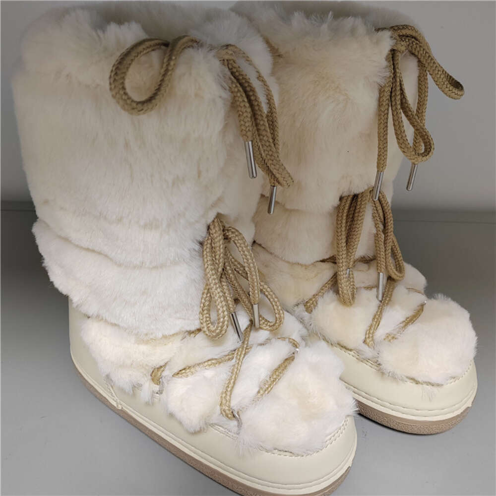 2023 Winter Snow Mid-Calf Lace-Up Rabbit Women Ski Female Brand Design Platform Waterproof Leather Fur Boots